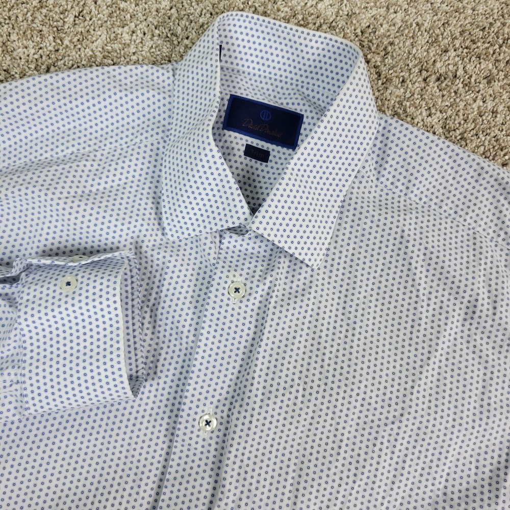 David Donahue Trim Mens 17-34/35 White Blue AOP Geometric Button Up Long Sleeve